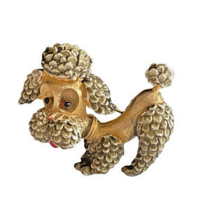 Vintage Poodle Brooch Pin Rare 60s Signed J.J. Rhinestones textured Gold Tone